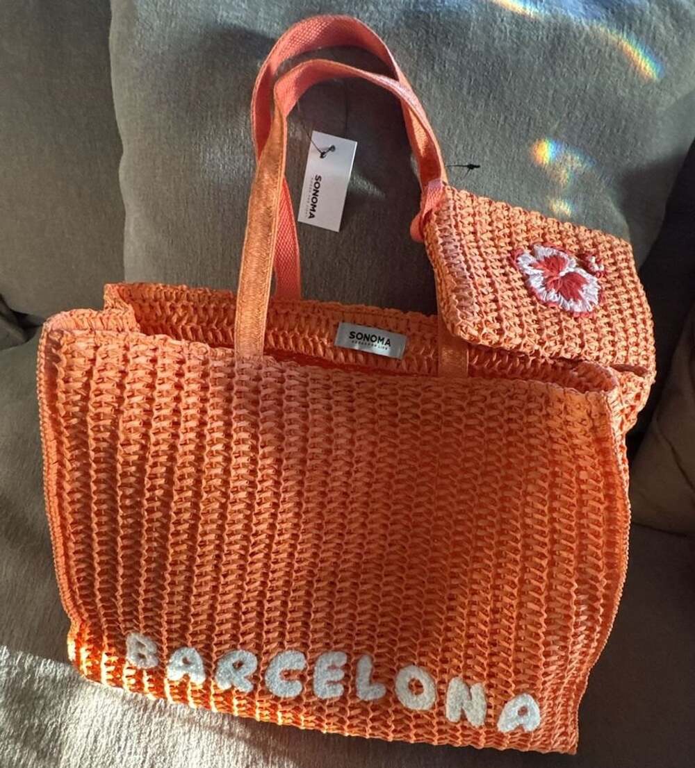 Sonoma Goods For Life Orange Woven Straw Tote Bag with Barcelona Embroidery